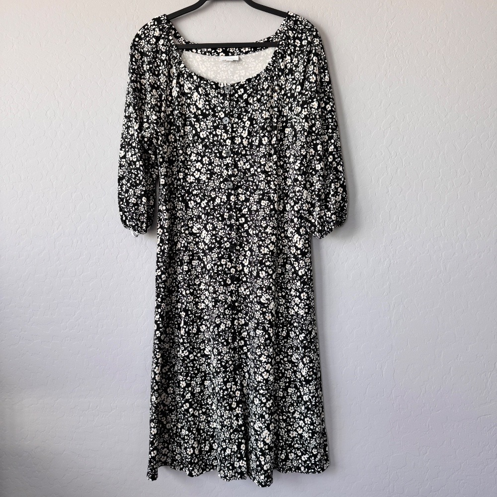 J.‎ Jill Floral Print Midi Dress Button Front Cottagecore Casual Black Large